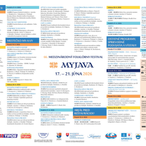 Folklórne vystúpenie na Medzinárodnom folklórnom festivale v Myjave, scéna s ľudovými tancami a tradičnými krojmi v exteriéri pred reštauráciou počas festivalu.