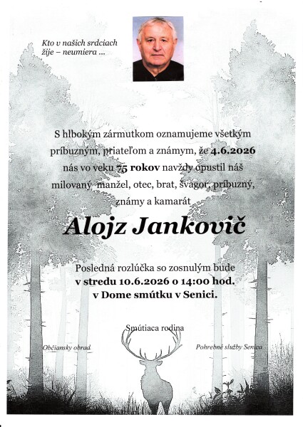 Fotografia Alojza Jankoviča, zosnulého muža, na oficiálnom oznámení o úmrtí s informáciami o poslednej rozlúčke v Dome smútkov v Senici.