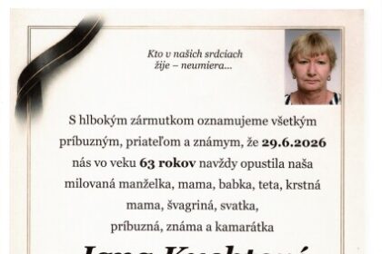 Fotografia Jany Kuchtovej, zosnulej ženy vo veku 63 rokov, oznamujúca jej úmrtie a poslednú rozlúčku v Dome smútkov v Senici.