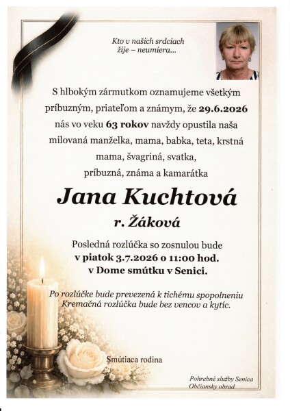 Fotografia Jany Kuchtovej, zosnulej ženy vo veku 63 rokov, oznamujúca jej úmrtie a poslednú rozlúčku v Dome smútkov v Senici.