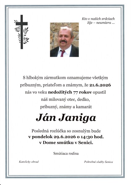 Fotografia oznámenia o úmrtí Jána Janigu s informáciami o poslednej rozlúčke v Dome smútkov v Senici.