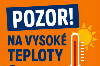 Informačný plagát mesta Gbely s upozornením na vysoké teploty a odporúčaniami na ochranu zdravia počas horúčav.