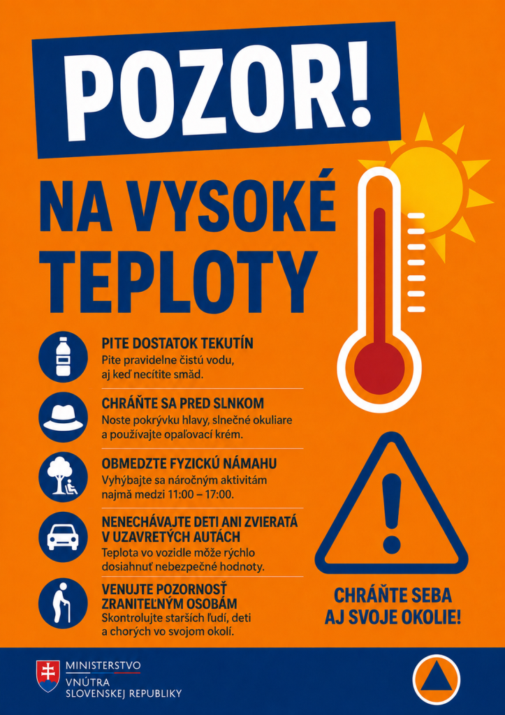 Informačný plagát mesta Gbely s upozornením na vysoké teploty a odporúčaniami na ochranu zdravia počas horúčav.