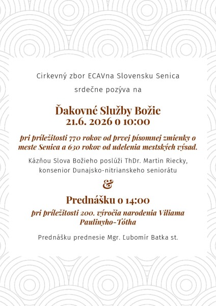 Interiér Evanjelického kostola v Senici počas ďakovných služieb božích, ľudia sediaci v laviciach a kazateľ pri oltári.