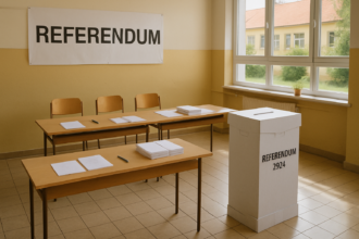 Interiér volebnej miestnosti v základnej škole v Gbeloch pripravený na referendum s volebnými urnami a stolmi.