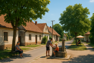 Letný deň v obci Kopčany s obyvateľmi hľadajúcimi tieň pod stromami na slnečnej ulici obce počas horúčav.