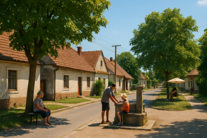 Letný deň v obci Kopčany s obyvateľmi hľadajúcimi tieň pod stromami na slnečnej ulici obce počas horúčav.