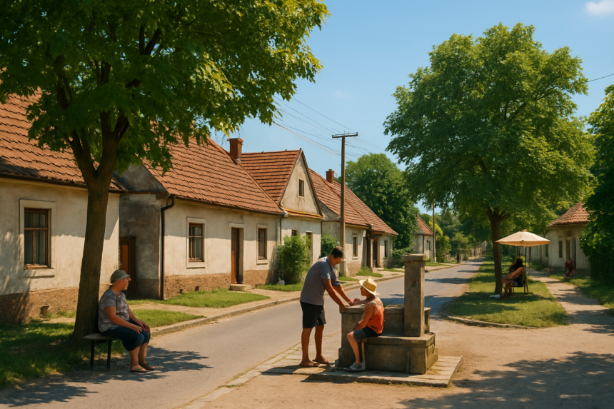Letný deň v obci Kopčany s obyvateľmi hľadajúcimi tieň pod stromami na slnečnej ulici obce počas horúčav.