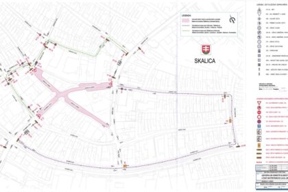 Mapa mesta Skalica s vyznačením uzávierky centra mesta a obchádzkových trás počas Remeselného jarmoku 6. júna 2026.
