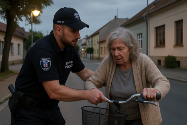 Mestský policajt v Senici pomáha staršej žene s bicyklom na tichej ulici počas večera.