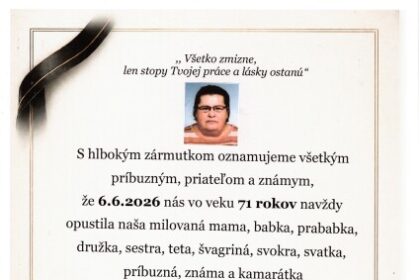 Oznam o úmrtí pani Terezie Vaňkovej s dátumom rozlúčky v Dome smútkov v Senici.