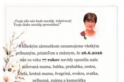 Oznámenie o úmrtí Anastázie Sabovej, rod. Fajnorovej zo Senice, so základnými údajmi o jej živote a poslednej rozlúčke.