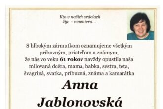 Oznámenie o úmrtí Anny Jablonovskej, rodenej Filipovej, s informáciami o poslednej rozlúčke v Dome smútku v Senici.