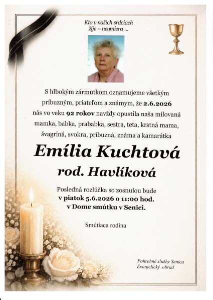 Oznámenie o úmrtí Emílie Kuchtovej, rod. Havlíkovej, so základnými údajmi o úmrtí a poslednej rozlúčke v Dome smútkov v Senici.