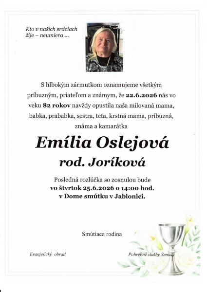 Oznámenie o úmrtí Emílie Oslejovej z Jablonice s informáciami o poslednej rozlúčke v Dome smútkov v Jablonici.