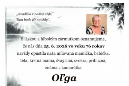 Oznámenie o úmrtí Oľgy Podkopčanovej rod. Vaňkovej so základnými údajmi o jej úmrtí a poslednej rozlúčke v Dome smútkov v Senici.