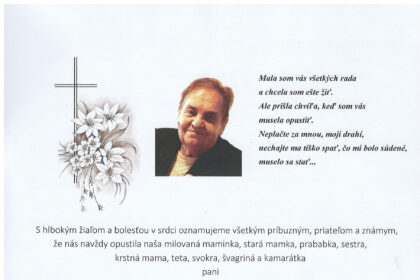 Parte oznámenie o úmrtí Ireny Filovej zo Skalice s údajmi o dátume úmrtia a rozlúčke.