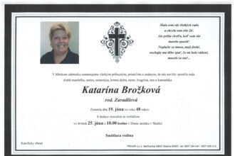 Parte s informáciami o úmrtí Kataríny Brožkovej, rod. Zavadilovej, s dátumom rozlúčky a miestom v Dome smútku v Skalici.