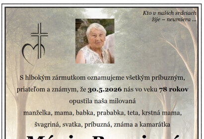 Parte s informáciami o úmrtí Márie Burajovej, rod. Sekáčovej zo Šajdíkových Humencov, vrátane dátumu úmrtia, veku, miesta poslednej rozlúčky a zádušnej svätej omše.