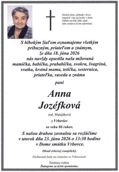 Parte s informáciami o zosnulej Anne Jozéfkovej z Vrbiovca, vrátane dátumu úmrtia a detailov o poslednej rozlúčke.
