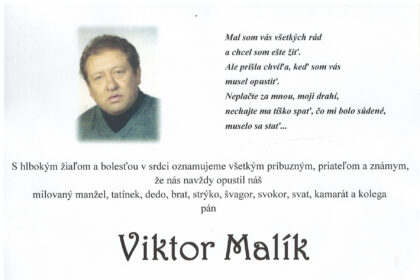 Parte s oznámením o úmrtí Viktora Malíka zo Skalice, obsahujúce dátum úmrtia, vek, informácie o poslednej rozlúčke a smutnú správu rodiny.