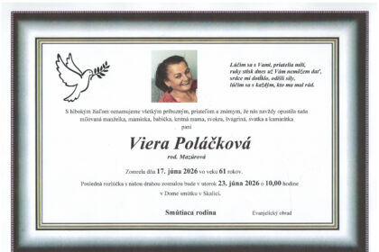 Parte so smútočným oznámením o úmrtí Viery Poláčkovej zo Skalice, vrátane dátumu úmrtia, veku a informácií o poslednej rozlúčke.