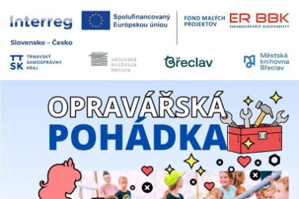 Plagát divadelného predstavenia Opravářská pohádka, ktoré sa uskutoční 30. júna o 15:00 vo dvore Záhorskej knižnice v Senici, s informáciami o voľnom vstupe a určené pre deti od 5 rokov.