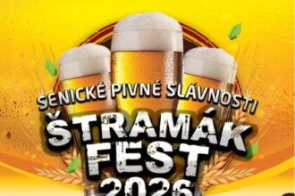 Plagát festivalu Štramák fest 2026 s informáciami o dátume, mieste konania a hudobnom programe na futbalovom štadióne v Senici.