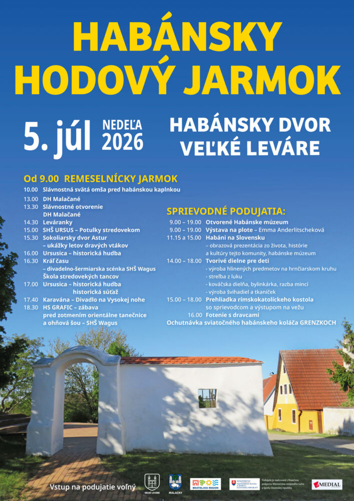 Plagát Habánskeho hodového jarmoku vo Veľkých Levároch s programom podujatia 5. júla 2026 vrátane prednášky o Habánoch na Slovensku.
