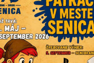 Plagát interaktívnej hry Pátrači v meste Senica 2026 s informáciami o trvaní, súťaži a cenách, zobrazený na verejnej nástenke v meste.