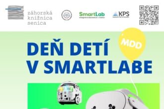 Plagát k podujatiu Deň detí v SmartLabe v Senici s informáciami o dátume, čase a aktivitách ako virtuálna realita, Ozoboty a LEGO Education Spike Prime.
