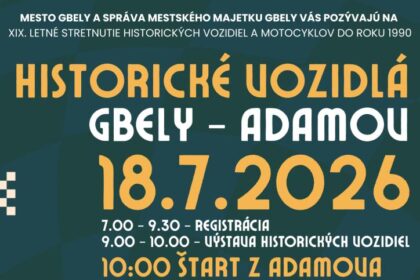 Plagát oznamujúci 19. ročník stretnutia historických vozidiel a motocyklov v Gbeloch s dátumom a programom podujatia.
