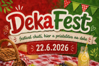 Plagát podujatia DekaFest v Senici s informáciami o rodinnom festivale na deke, ktorý sa uskutoční 22. júna v Základnej škole Sadová, s aktivitami ako opékačka, skákací hrad, hudba a občerstvenie.