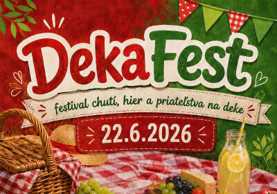 Plagát podujatia DekaFest v Senici s informáciami o rodinnom festivale na deke, ktorý sa uskutoční 22. júna v Základnej škole Sadová, s aktivitami ako opékačka, skákací hrad, hudba a občerstvenie.