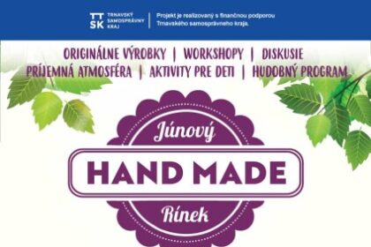Plagát podujatia Júnový HAND MADE Rínok 2026 v Mestskom parku Senica s informáciami o dátume, čase a programe vrátane originálnych výrobkov, workshopov a hudobného programu.