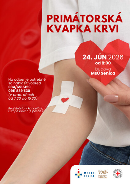 Plagát podujatia Primátorská kvapka krvi v Senici s dátumom 24. jún 2026, časom od 8:00 a informáciami o registrácii a kontaktoch.