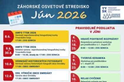 Plagát s programom kultúrnych a spoločenských podujatí v Záhorskom osvetovom stredisku na jún 2026, vrátane vernisáže fotografií, osláv obce Smrdáky a rôznych workshopov.