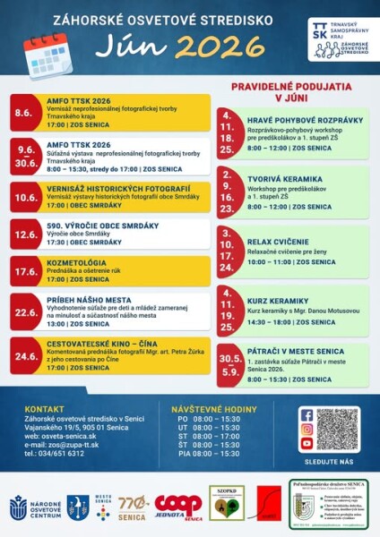 Plagát s programom kultúrnych a spoločenských podujatí v Záhorskom osvetovom stredisku na jún 2026, vrátane vernisáže fotografií, osláv obce Smrdáky a rôznych workshopov.