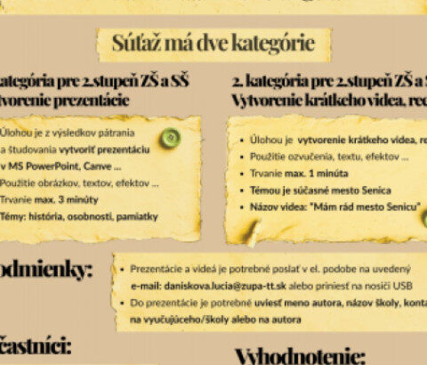 Plagát súťaže pre žiakov o príbeh mesta Senica pri príležitosti 770. výročia mesta s informáciami o kategóriách, podmienkach a termíne vyhodnotenia.