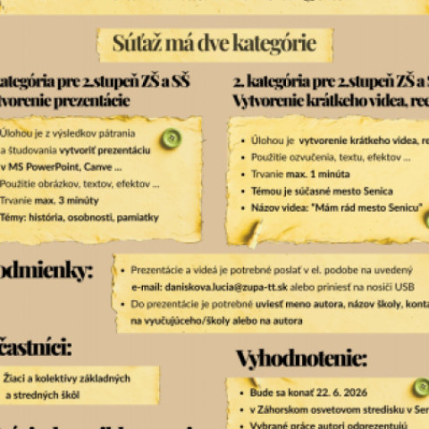Plagát súťaže pre žiakov o príbeh mesta Senica pri príležitosti 770. výročia mesta s informáciami o kategóriách, podmienkach a termíne vyhodnotenia.