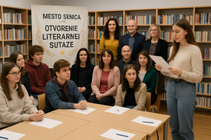 Skupina mladých ľudí a dospelých v kultúrnom centre v Senici počas literárneho podujatia, s policami na knihy a stolmi s papiermi a perami.