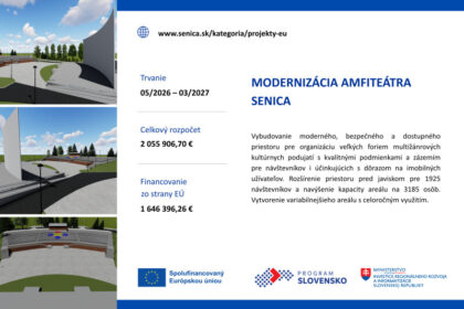 Vizualizácia modernizácie amfiteátra v Senici s novým sedením a rozšíreným priestorom pred javiskom.