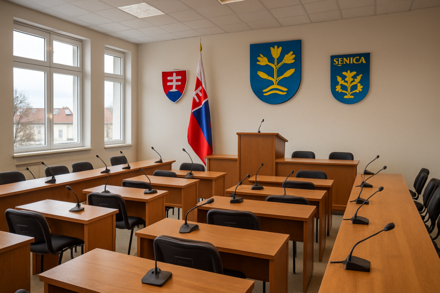 Zasadacia miestnosť Mestského úradu v Senici pripravená na mestské zastupiteľstvo, so stoličkami, stolmi a slovenskými symbolmi.