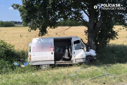 Zničené vozidlo po vážnej dopravnej nehode na ceste medzi Holíčom a Skalicou, obklopené lesným prostredím.