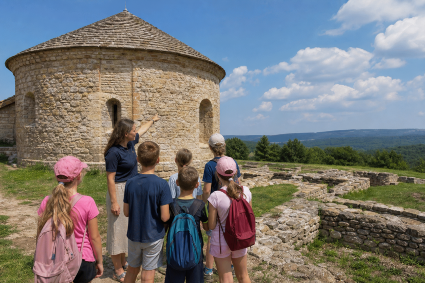Deti na výlete pri historickej rotunde s lektorom múzea