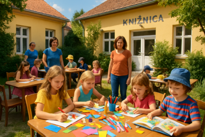Deti pri tvorivej dielni v dvore Záhorskej knižnice počas letného podujatia Prečítané leto.
