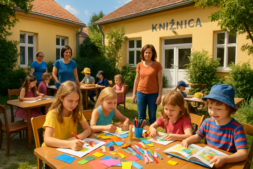 Deti pri tvorivej dielni v dvore Záhorskej knižnice počas letného podujatia Prečítané leto.