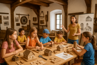Deti vo veku 7 až 11 rokov v múzeu v Skalici počas letného programu o histórii a architektúre, zapojené do tvorivých aktivít s modelmi starých budov.