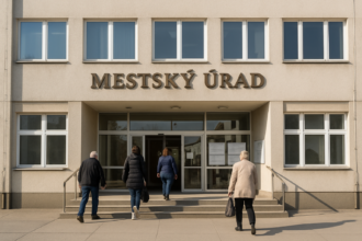 Exteriér mestského úradu v Senici s ľuďmi pri vchode počas dňa.