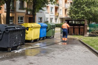 Kontajnery na bioodpad pri bytovom dome v Senici